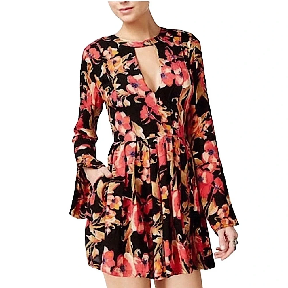 FREE PEOPLE: Tegan Black Floral Long Sleeve Mini Dress -Size 4